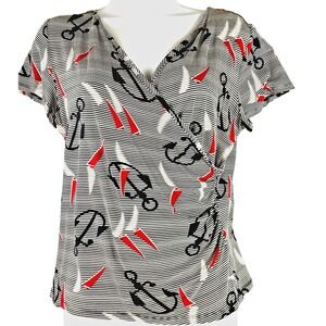 Talbots Women's S Baby Doll Nautical Faux Wrap Blouse Top Anchors Sailboat